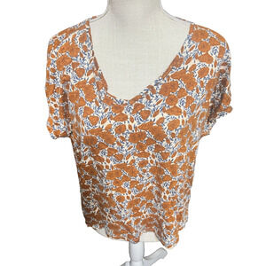 Rachel Zoe 100% Linen Top Short Sleeve blouse brown blue floral casual sz XL